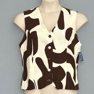 Paper Heart Womens Top XL Brown Cream Abstract Linen Blend Vest Boho Chic Artsy